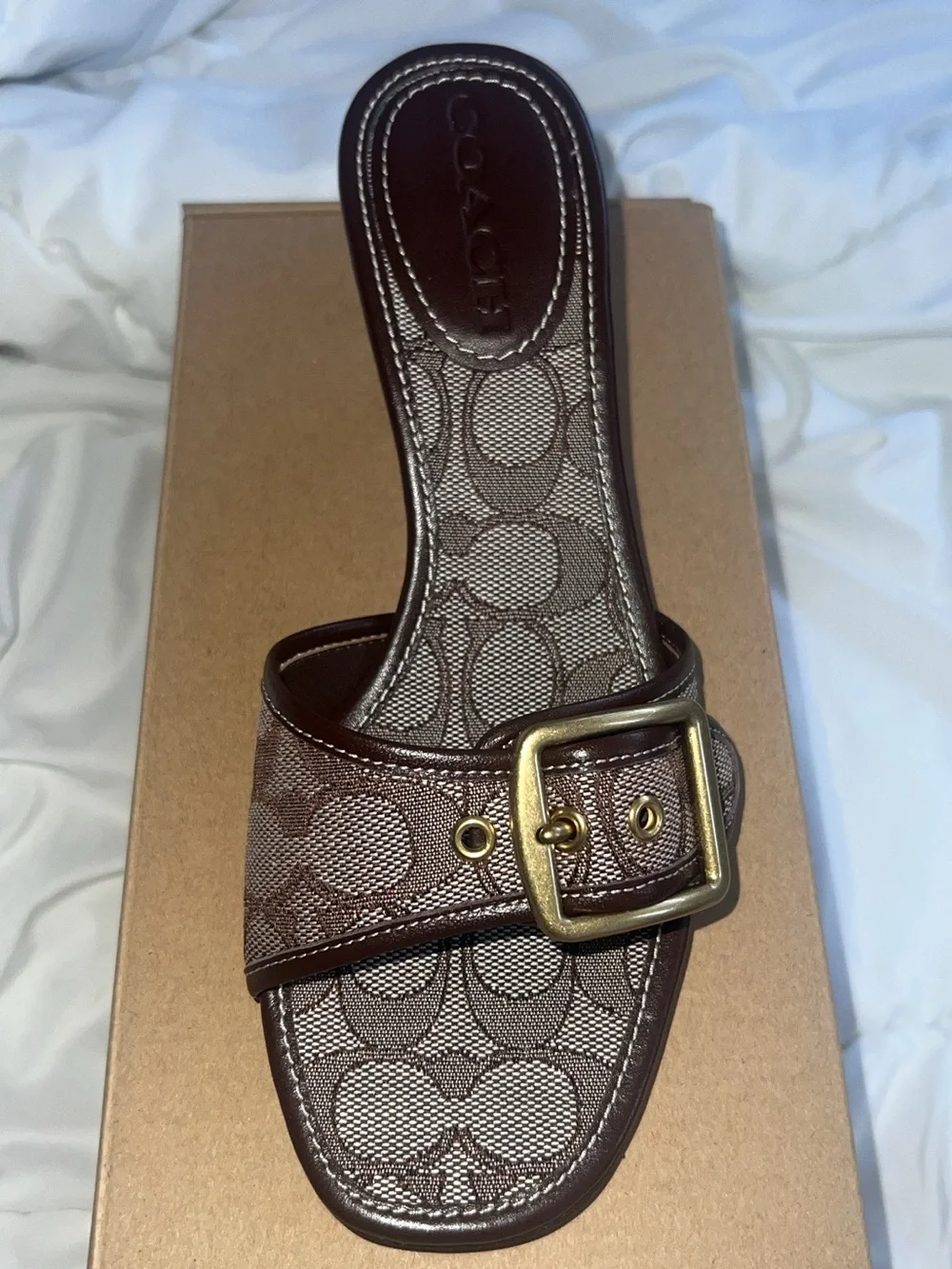 Viral COACH Women's Brown Signature Kitten Heel Sandals with Buckle